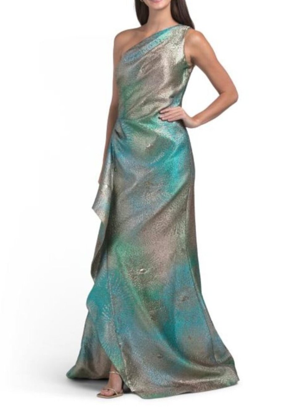 TERI JON Metallic Starburst Pattern One Shoulder Maxi Dress